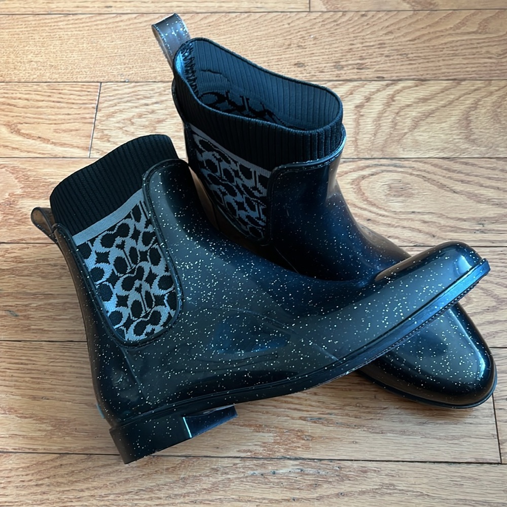 Wonen’s Coach Rivington Rubber ✨Rain Bootie ✨Black Glitter ✨